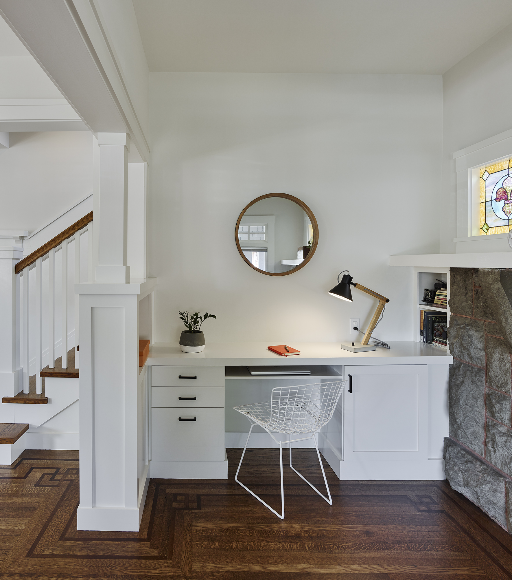 white desk in home office near stairs in Alameda, CA