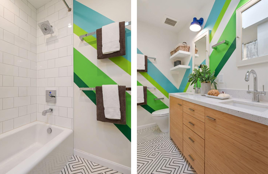 remodel bay area Childrens bathroom built in bathtub with green stripes and plants 