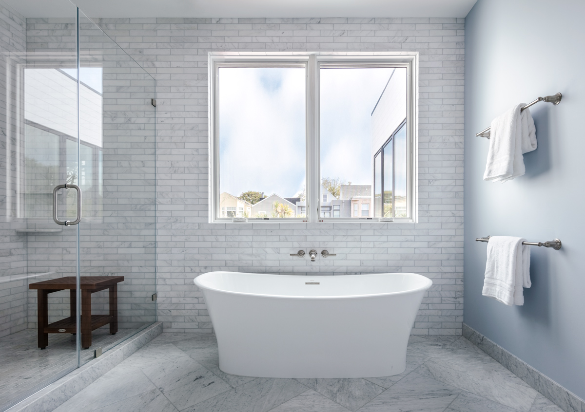 San Francisco Home Renovation Modern grey and white Bathroom with freestanding white bath tub