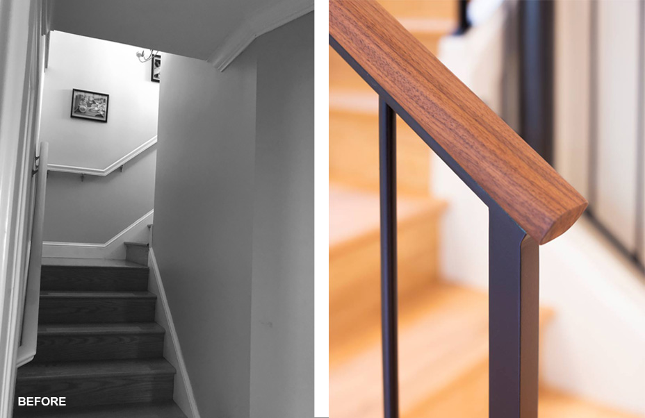 Before and after comparison of staircase: left image shows a dimly lit stairway with dated design, right image displays a modernized staircase with wooden handrails and sleek metal balusters.