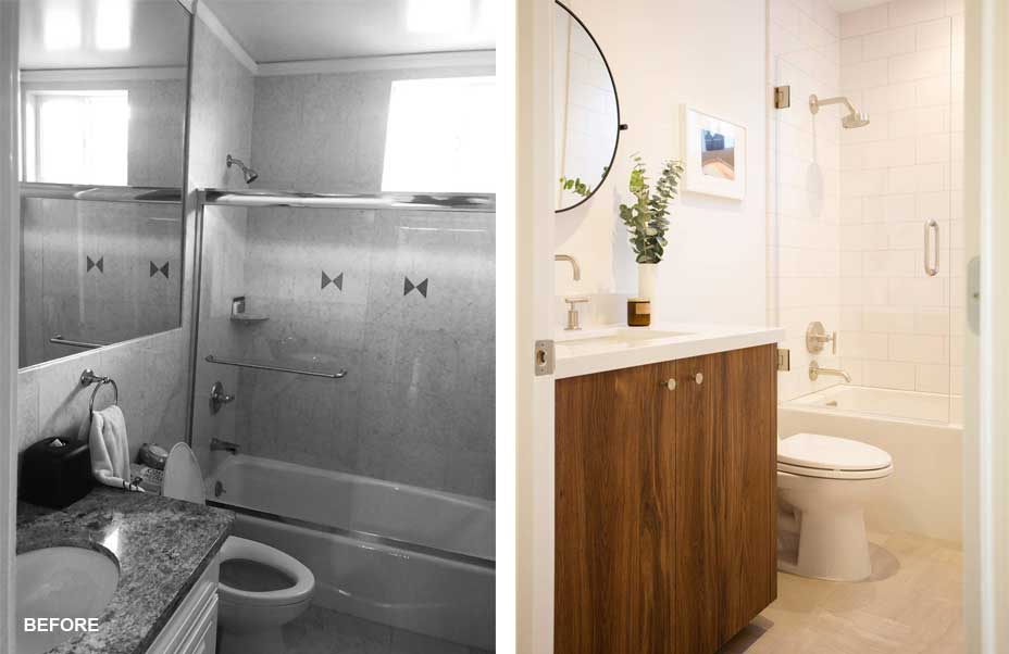 A before-and-after comparison of a bathroom renovation. The left side shows a dated bathroom with dark tiles and fixtures. The right side reveals a modern, bright bathroom with white tiles, a wooden vanity, and stylish decor.